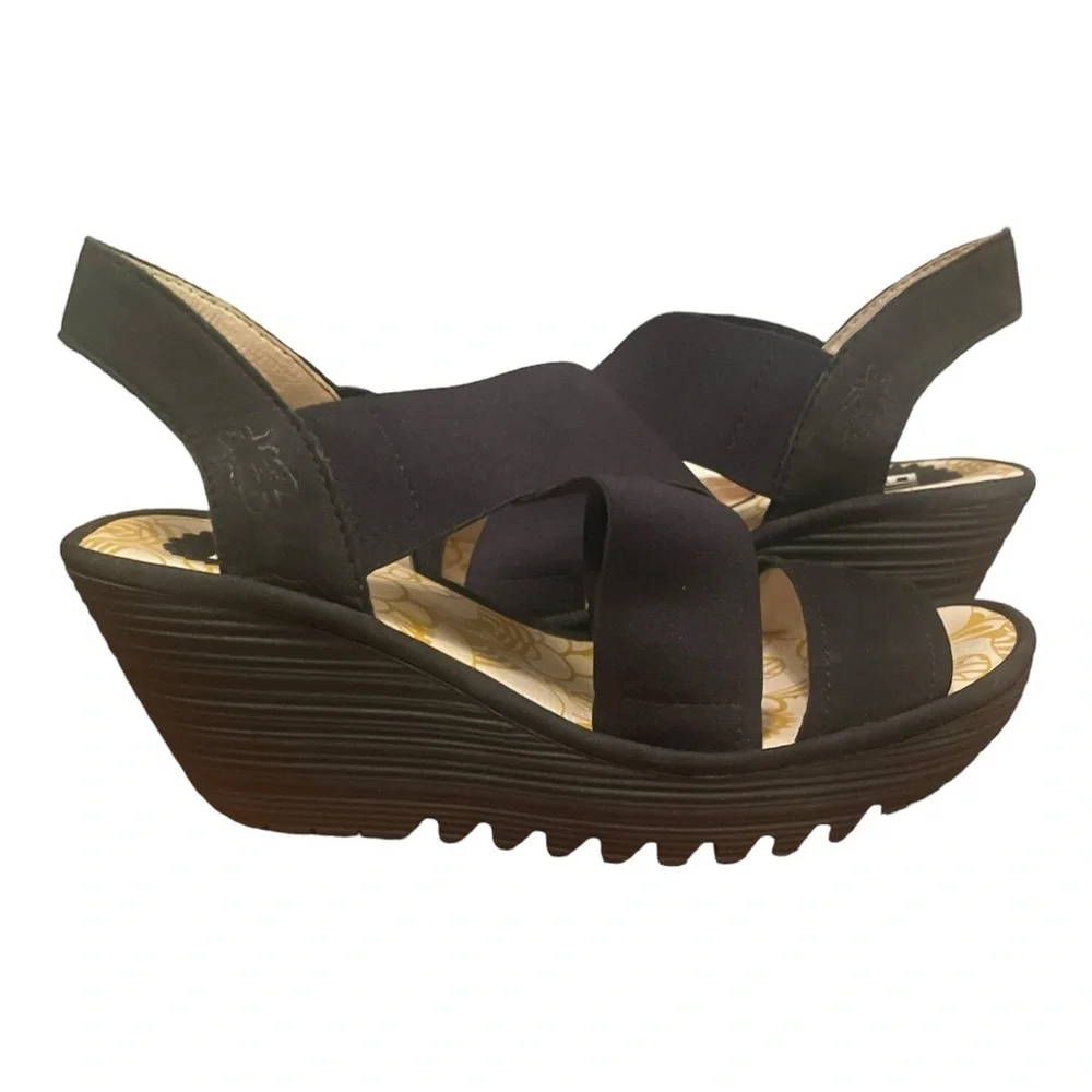 Fly London Black Wedge Sandals - Picture 3 of 9